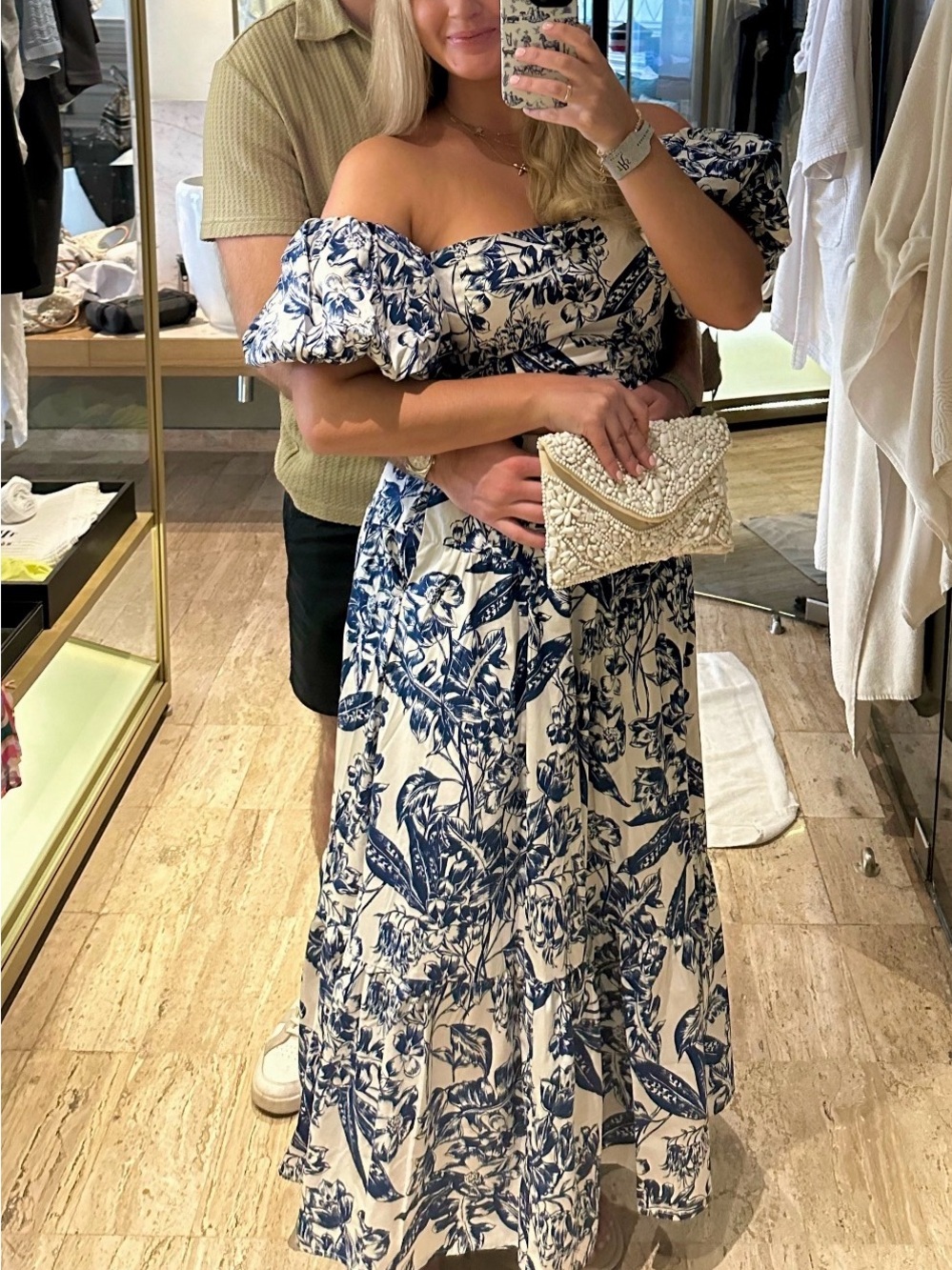 Abercrombie & Fitch White and Navy Floral Off-Shoulder Skirt Set